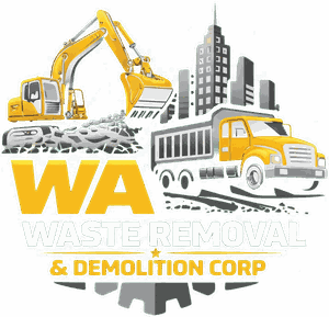 WA Waste Removal And Demolition Corp emblem with excavator, dump truck and city skyline